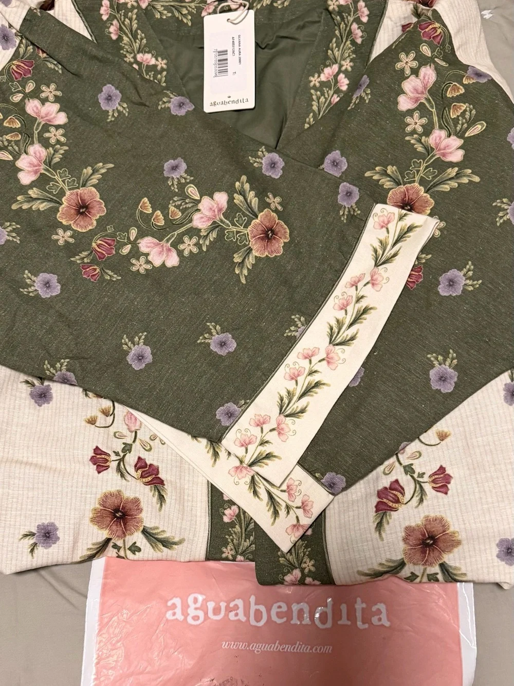 Green Floral Satin Kimono,M/L